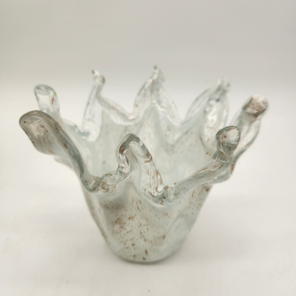 Vintage Hand Blown Splash Vase Clear & White Glass Copper Gold Flecks Aventurine - Picture 5 of 8